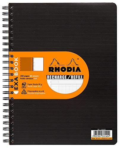 RHODIA 133142C - Quaderno Ricambi per quaderno Organizer Exabook NERO - A4+ 22,5 x 29,7 cm - Quadretti piccoli - 160 pag. staccabili foratura 4 buchi - Carta Clairefontaine 80g/m²