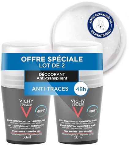 Vichy Homme, Déodorant Anti-Transpirant Anti-Irritations 48H, Roll-on, Anti-Traces & Sans Alcool, Hypoallergénique, Adapté aux Peaux Sensibles, Lot de 2 x 50ml