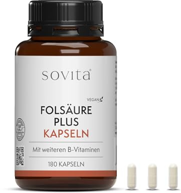sovita Folsäure plus | mit Vitamin B6, B3 und Vitamin B12 | mit höchster Bioverfügbarkeit und geprüfter Qualität | 180 Kapseln | Neues Design