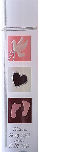 Taufkerze, Kommunionkerze für Mädchen, Rosa, Weinrot, mit Name und Datum, Wachsmotiv, Handmade
