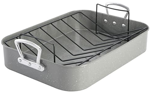 Gibson Home Oster Greystone 2-Piece Carbon Steel Roaster Pan w/Rack, Grey Speckle