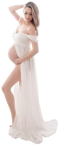 Maternity Dress for Photoshoot Off Shoulder Chiffon Gown Split Front Flowy Pregnancy Dresses for Photography White M