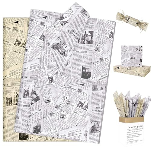 Larcenciel 100 Hojas Papel de Seda de Periódico Vintage, Papel Seda para Envolver Impreso de Noticia Antigua Inglesa, Paquete de Regalo Negro Beige para Boda Cumpleaño Fiesta Manualidade DIY, 50×35CM