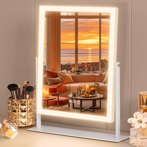 FENCHILIN Sminkspegel med belysning 30 x 40 cm, hollywood-spegel med smart touch-kontroll, 3 färger, dimbar LED-lampa, 360° rotation 10 x förstoring (vit)