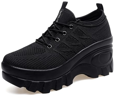 Women's Chunky Platform Comfort Orthopedic Wedge Walking Shoes Fashion Knitted Breathable Lace Up Lug Sole Casual Non-Slip Running Shoes With Arch Support (black, Adult, Women, 10, Numeric, US Footwear Size System, Medium)