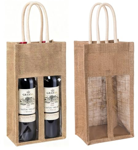 SAMSYOKI 2 Piezas Bolsa De Yute para Botellas de Vino Bolsas de Regalo de Vino de Arpillera con asa y ventana Bolsas para Botellas de Champagne Reutilizable para Bodas Cumpleaños Fiestas (2 Flasche)