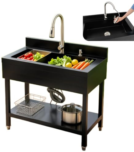Mqwdxzfes Freistehende Edelstahl-Spülbecken, Großes Einzelbecken Spültisch mit Abtropfkorb & Ausziehbare Wasserhahn, Gewerbliche Küchenspüle Spülschrank für Zuhause Waschküche (90x60x80 cm, Schwarz)