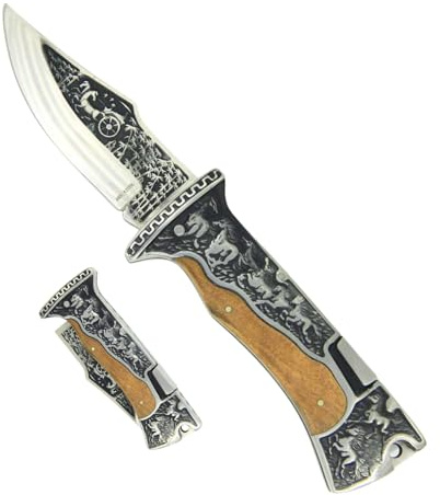 Generico Coltello Pieghevole Tascabile con Manico Effetto Legno, Design Elegante e Decorativo con Cavalli, Compatto e Leggero, Ideale per Uso Quotidiano, Outdoor Leggero e Idea Regalo Uomo