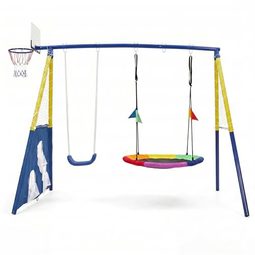 4-in-1 Heavy Duty Kids Swing Set with Nest Swing, Basketball Hoop & Soccer Goal - 150kg Weight Capacity Metal Garden Swing for Kids & Adults, Robust Chain Swingset, Yellow & Blue