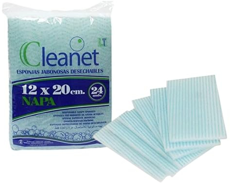 Cleanet Spugna saponata monouso in fibra, 12 x 20 cm, 90 g, per l’igiene corporale, con gel dermatologico a pH neutro 10 paquetes x 24 unidades Blu chiaro