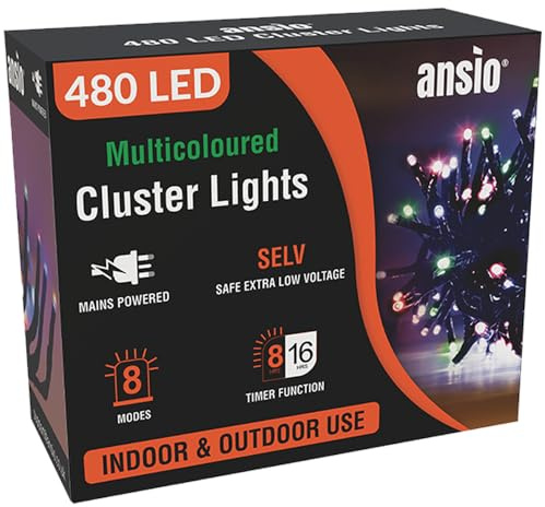 ANSIO® Christmas Lights 480 LED 6m/20ft Cluster Christmas Tree Lights for Indoor & Outdoor Multicoloured Decorations Fairy Lights with Timer for Xmas Garden Bedroom & Party | Mains Powered Green Cable
