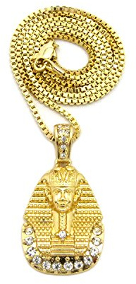 Egyptian Iced Out Pharaoh King Tut Pendant 24 Various Chain Necklace in Gold Tone (Clear - 24 Box Chain)