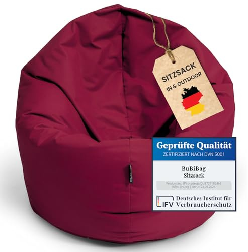 BuBiBag 2in1 Sitzsack L - XXL mit Füllung für Kinder & Erwachsene, Gaming Beanbag & Bodenkissen für Indoor & Outdoor Sessel Pflegeleicht & Wasserabweisend M BIS 6 Jahre (Ø 85 cm Weinrot)