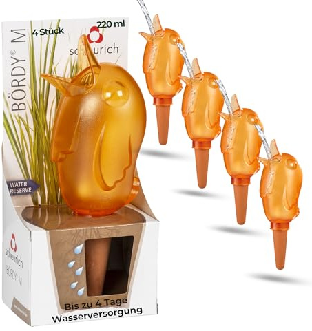 Scheurich Wasserspender Bördy M | 4 x Orange | 220ml Füllmenge | Bewässerungskugeln klein mit Ton Fuß | Wasserspender Pflanzen und Blumen Terrakotta Stiel