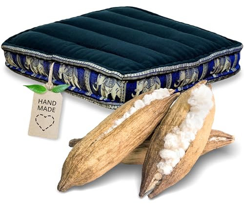 livasia Sitzkissen Boden Thaiseide - 50x50x10cm - Bodenkissen Indoor/Outdoor, Meditationskissen Yogakissen, Stuhlauflage Palettenmöbel, Steppkissen Bank handgefertigt (Schwarz/Blau/Elefanten Seide)