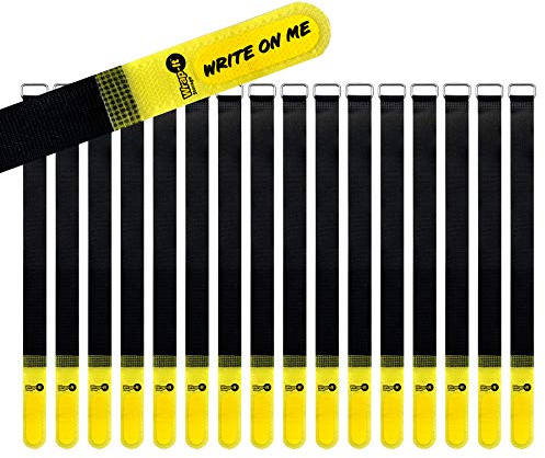 Wrap-It Storage Hook and Loop Cinch-Straps 12 16 Pack (Yellow/Black) with Write on Label for Easy Cord Identification and Cable Management, Reusable Multi-Purpose Securing Cinch Straps