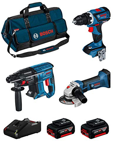 BOSCH Kit 18V BK307BAG (Taladro Atornillador GSR 18V-60 C + Amoladora GWS 18-125 V-LI + Martillo Perforador GBH 18V-21 + 2 Baterías de 5,0 Ah + Cargador + Bolsa)
