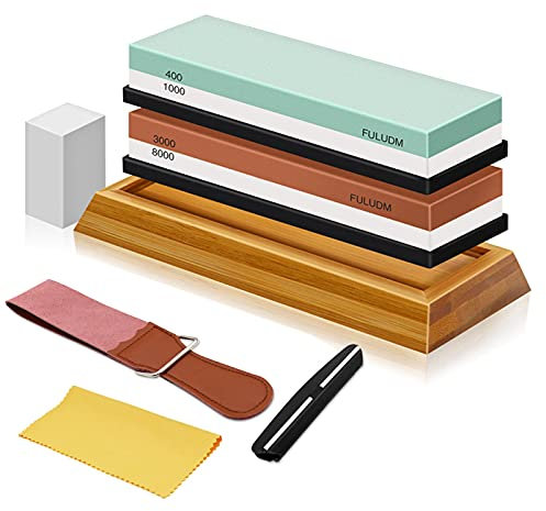 Schleifstein Set Wetzstein Abziehstein für Messer - Doppelseitiger Messerschärfer für Küche Körnung 400/1000 3000/8000 FULUDM Wasserschleifstein mit rutschfestem Silikonhalter