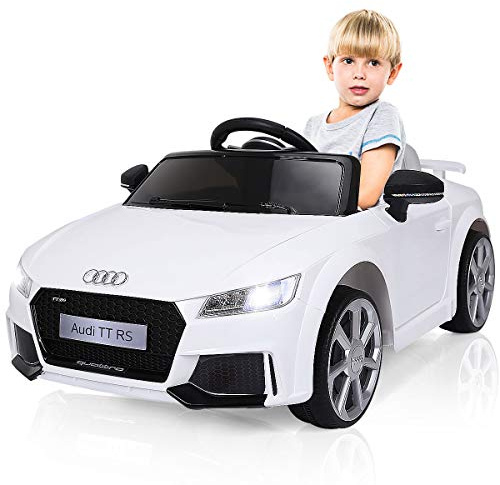 COSTWAY 12V Audi Kinderauto mit 2,4G-Fernbedienung, 3 Gang Elektroauto 2,5-5km/h mit MP3, Hupe, Musik und LED-Leuchten, Kinderfahrzeug für Kinder von 3-8 Jahren (Weiß)