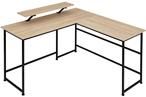 Tectake Skrivbord i L-form, hörnskrivbord med rörligt bildskärmfäste, industriell design, 140 x 130 cm, svart metallram (industriellt trä, ljus Sonoma-ek)