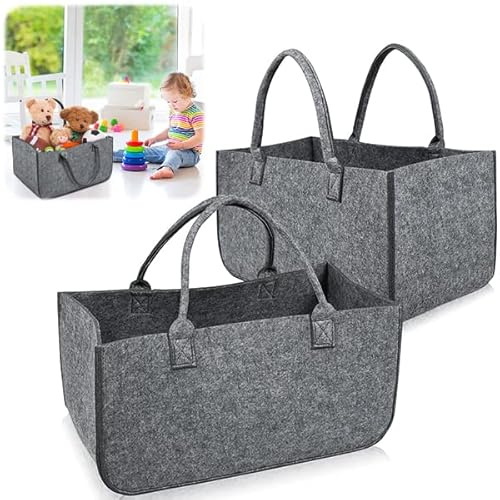 Aufun 2 Stück Filztasche Kaminholztasche Filz, Faltbar Brennholzkorb Einkaufstasche, Filztaschen Shopper, für Kaminholz Kleidung Spielzug(50 x 25 x 25 cm, Hellgrau)