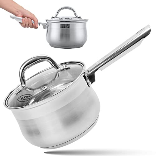 Alpine Cuisine Sauce Pan Stainless Steel 3Qt Belly Shape with Glass Lid & Ergonomic Handle, Induction Bottom Sauce Pan, Sauce Pot with Glass Lid for Cooking, Easy Clean & Rust Free, Dishwasher Safe