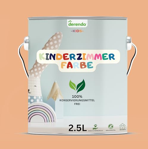 derendo Kinderzimmer Wandfarbe – Umweltfreundlich, Geruchsneutral, Hohe Deckkraft, Schadstofffrei – Farbenfrohe Auswahl pastellfarben Farbe (Orange-Aprikose, 2,5 Liters)