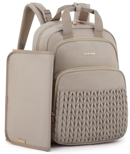 mommore Diaper Bag Backpack, Stylish Travel Baby Bag with Insulated Pockets, Changing Pad and Stroller Straps for Toddler (L-Brown Taupe, Large-27L)