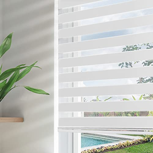 Joydeco Zebra Blinds for Windows Cordless, Dual Layer Sheer Mini Roller Shades Privacy Light Filtering for Sliding Glass Door Indoor Window, White,27 W×75 H
