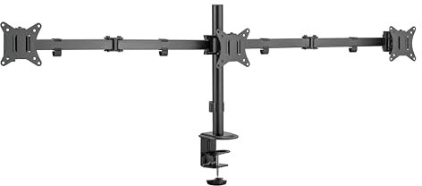 PureMounts Soporte de Monitor, para 3 Pantallas, 17 a 23 Pulgadas, Ajustable en Altura, inclinable, Giratorio, VESA 75 y 100, de sobremesa, Triple, Negro