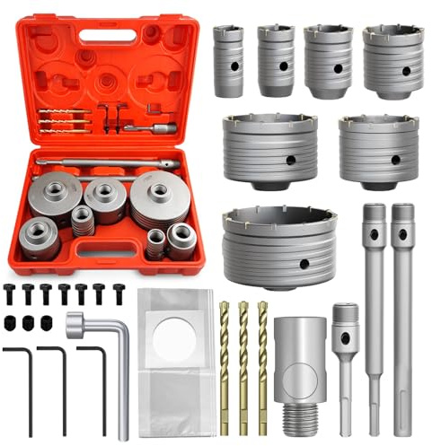METOTY 22PCS Concrete Hole Saw Kit, 30/40/50/65/80/100/110mm, Alloy Steel, Silver, Industrial, Hole Saw Set, Compatible with Stone, Brick, Cement, Wall Drilling