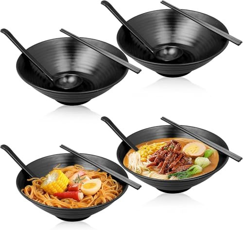 Set of 4 Ramen Bowl Set, 1200 ml Melamine Large Japanese Style Noodle Soup Bowls Set with Spoons and Chopsticks for Ramen, Pho, Noodles, Asian Dishes Black, 40 oz Large Bowl for Adults