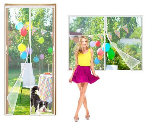 Cortina Magnética de Ventana 40x200cm con Pantalla, Cortina Anti-mosquitos con Pegamento Mágico, Puerta Anti-insectos de Cierre Silencioso para Puertas de Sala Estar, Recámara Blanco