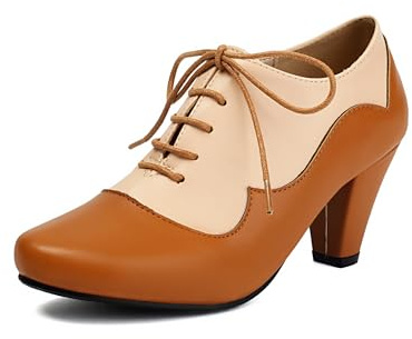 elerhythm Damen Mary Jane 1920er Pump Heels Oxford Classic und Retro Lace Up Two Tones 1950er Vintage Runde geschlossene Zehe 1940er Jahre Schuhe (Braun EU39)