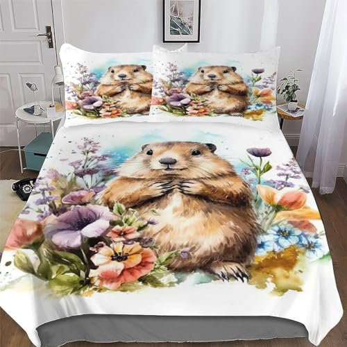 LTTTT Beaver Duvet Cover Set with Pillowcases Printed Bedding Set Comforter Cover 3 Pieces Soft Microfiber Quilt Cover King(220x240cm)