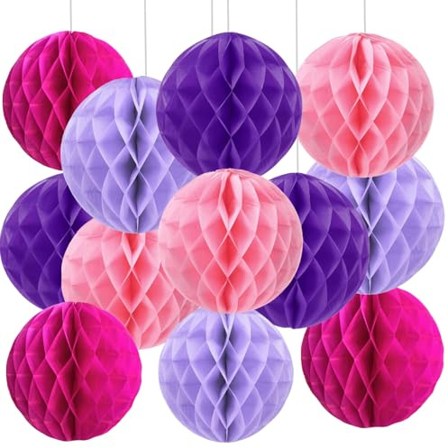 Lot de 12 Boules en Papier nid d'abeille Violet et Rose,Honeycomb Balls,Papier Pompom pour Rose Violet Décoration de Fête