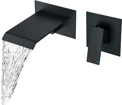BAITUJIE Robinet Mitigeur Murale Lavabo Mélangeur Salle de Bain avec Cascade Bec Extra-large Robinet Encastré Une Poignée Noir