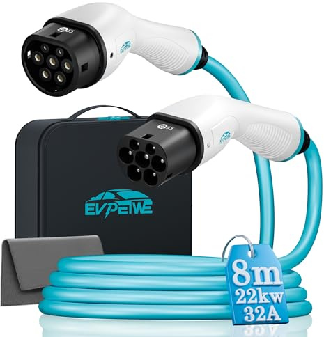 EVPEIWE Tipo 2 Cavo di Ricarica Auto Elettrica | 22KW | 32A | Trifase | 8M EV Cavo Ricarica Tipo 2（IEC 62196）Compatible con Model 3/X/Y/S, 500e, Jeep Avenger, e-Tron, ID.4, IP55（Cavo Blu）