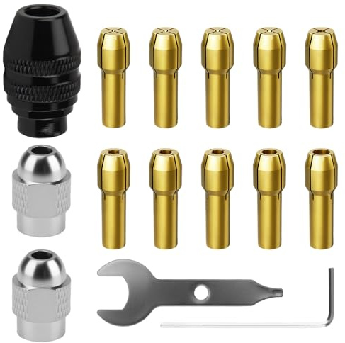 Drill Chuck Collet Set Compatible with Dremel, 15pcs Multi Chuck Kit, Brass and Steel Collets with Nut,0.8mm 1.6mm 2.4mm 3.2mm Shank Replacement, Rotary Tool Accessories for Grinding Cutting Polishing