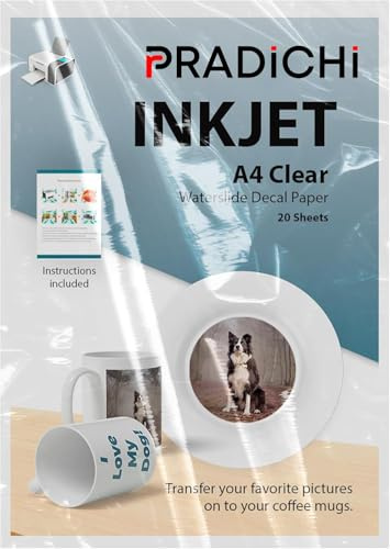 PRADICHI Water Slide Decal Paper A4 Size – 20 Sheets Waterslide Transfer Paper for Inkjet & Laser Printers | DIY Crafts, Mugs, Glass, Ceramics & Personalized Projects (20PACK Inkjet Clear)