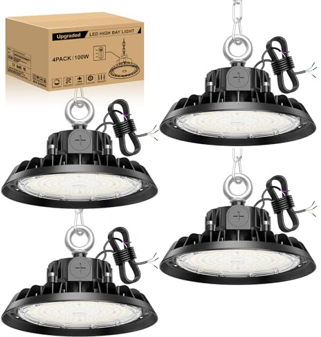 RUISUN 4 paquetes UFO 100W LED High Bay Proyector 4000K Light 17000LM LED Iluminación para taller regulable 60W/80W/100W Iluminación lámpara industrial IP65 impermeable techo 120° para taller almacén