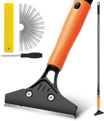 JIURAIN Heavy Duty Floor Scraper with Long Handle,4 Inch Razor Blade Scraper Tool,Cleaning Popcorn Ceiling Wall Glass Windows Gum Paint Tile Glue Linoleum,45.7IN Handle,10PCS Extra Metal Blades,Orange
