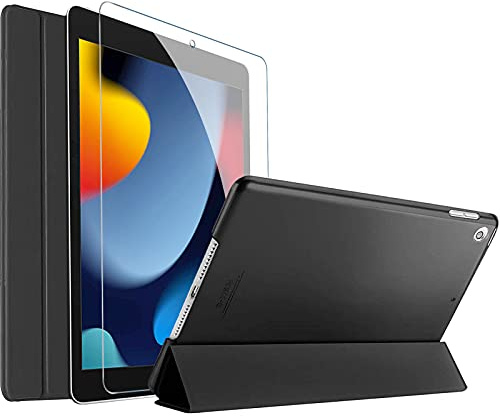 ProCase Fällbart fodral med display skyddsfilm för iPad 10,2 tum 2021 9th/2020 8th/2019 7:e genen, trippel vikbart skyddsfodral, ultratunt, lätt stativ, smart fodral – svart