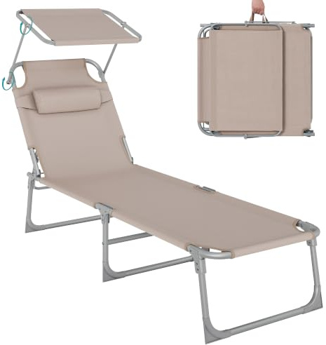 SONGMICS - Tumbona Plegable, Tumbona, 193 x 53 x 29 cm, Capacidad de Carga 150 kg, con Parasol y Respaldo reclinable, para jardín, Piscina, terraza, Color Topo GCB192K01