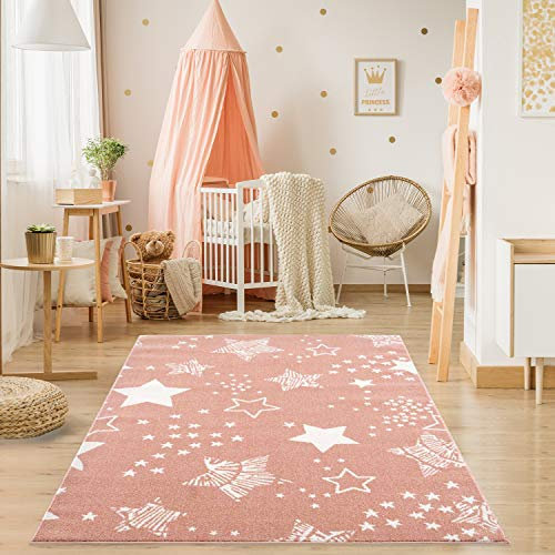 payé Teppich Kinderzimmer - Rosé - 80x150 cm - Schöner Spielteppich mit Sternenhimmel Kurzflor Kinderteppich - Oeko-Tex Standard 100