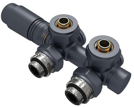 EMKE Rubinetteria per valvole per radiatore multiblocco - Accessorio per riscaldamento angolare e passaggio - Blocco rubinetto radiatore con termostato (φ16 x G1/2, 1 pezzo, antracite)