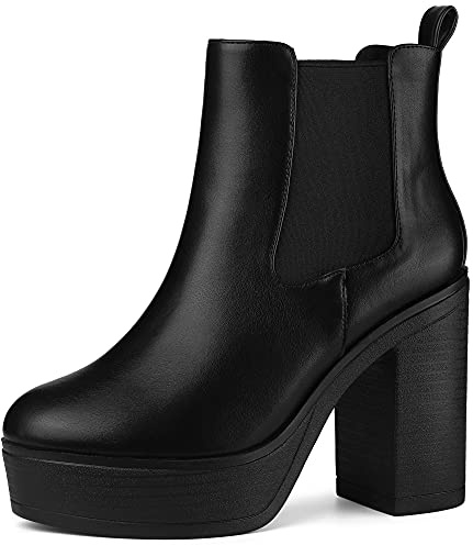 Allegra K Women Chunky High Heel Platform Round Toe Chelsea Ankle Booties | PU outsole. Comfortable insole. Block heels. 4.5-inch heel height. Chunky high heel platform. Round toe