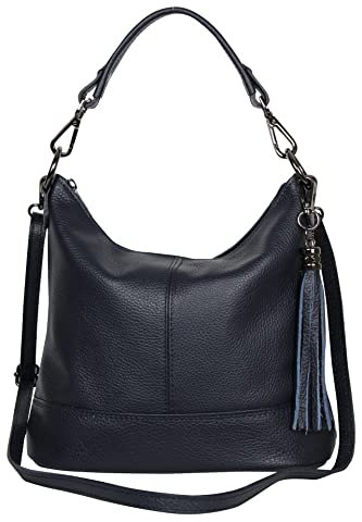 AmbraModa GLX09 - Damen Handtasche Schultertasche Beutel aus Echtleder (Dunkelblau)