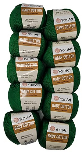 10 x 50g Strickwolle YarnArt Baby Cotton mit 50% Baumwolle, 500 Gramm Wolle einfarbig (dunkelgrün 442)