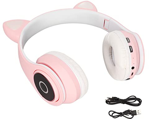 Yoidesu Casque de Jeu sans Fil Bluetooth 5.0 Casque de Musique Pliable avec Lumière LED pour Chat, Casque D'ordinateur avec Basse Lumineuse avec Câble Audio pour Enfants(Rose)